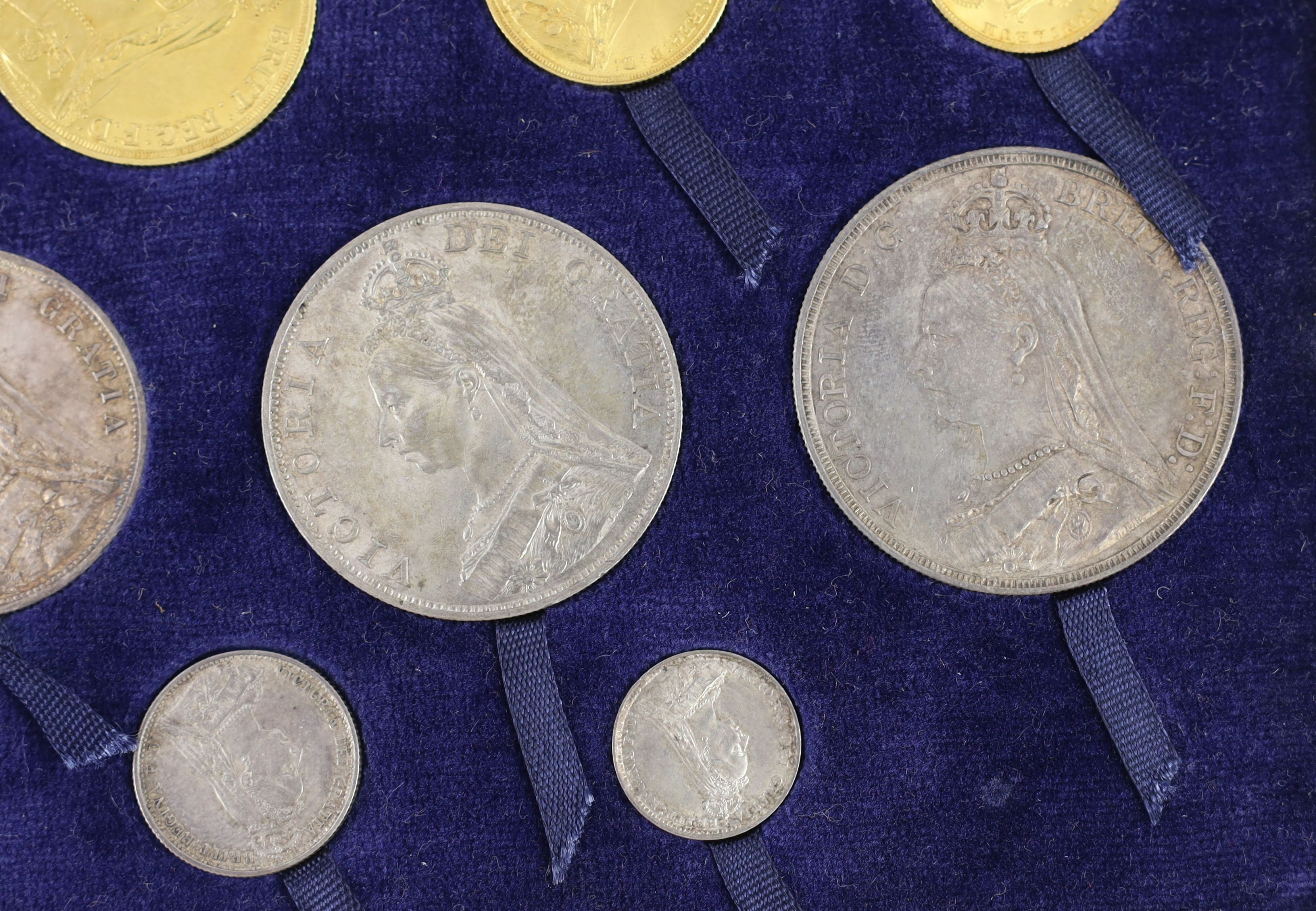 PLEASE NOTE THIS IS A SPECIMEN SET, UK coins, a cased Victoria 1887 Golden Jubilee gold and silver eleven coin set.